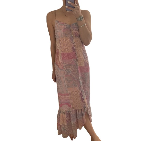Zara Paisley Patchwork Faux Button Midi Dress Pink XS